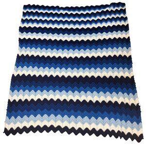 Vintage Handmade Afghan Blue Ripple Chevron Ombre 49" x 58"